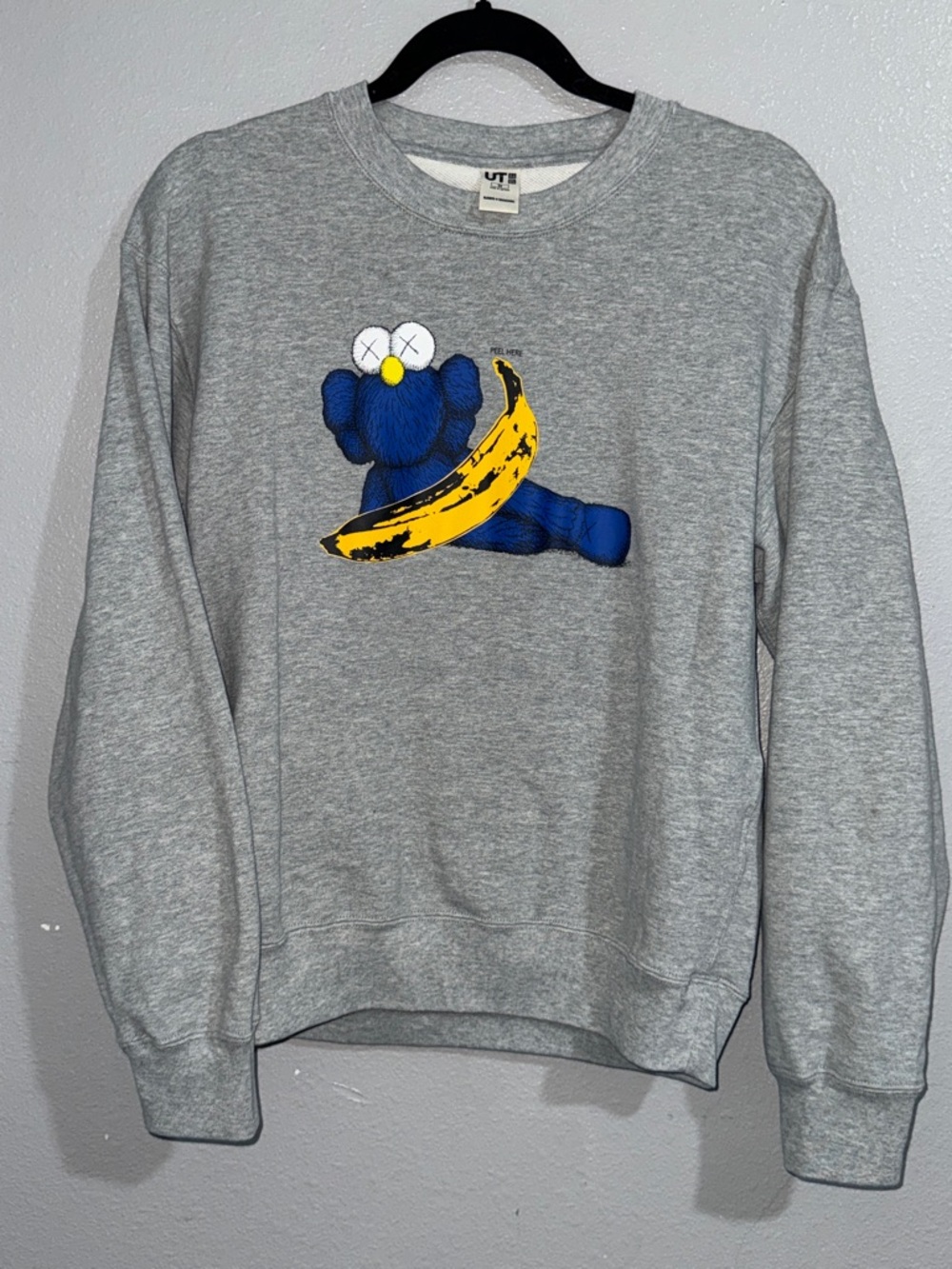 KAWS Grey Crewneck with Blue Bear and Yellow Banana Graphic